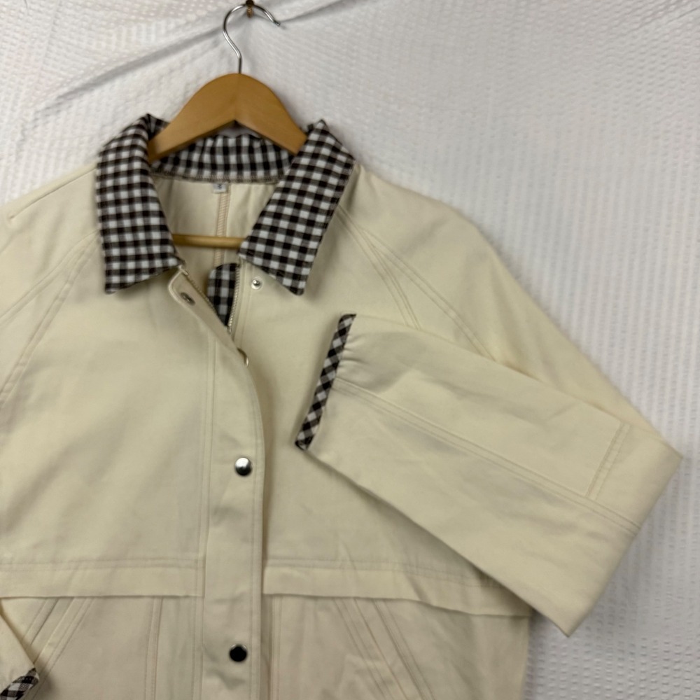 Fashion Cream Cotton Canvas Gingham Trim Zip Up Jacket MSM-060 Small